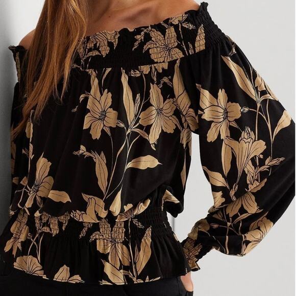Lauren Ralph Lauren Tops - Lauren Ralph Lauren Black Tan Floral Off Shoulder Smocked Long Sleeve Blouse S